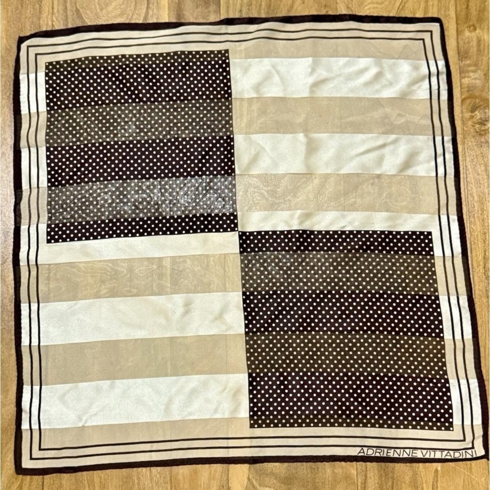 Adrienne Vittadini Silk Scarf Brown Polka Dot Cream Stripe Geometric Square